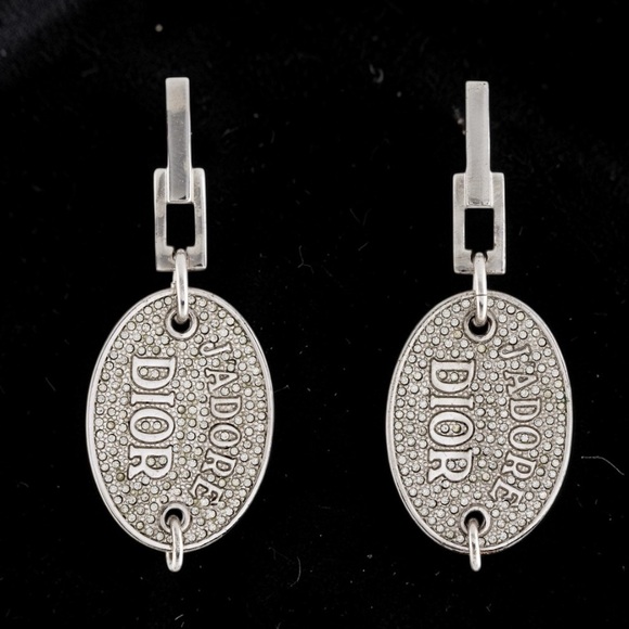 Dior Vintage Crystal J'Adore Oval Tag Drop Earrings with rhinestones - Picture 3 of 9